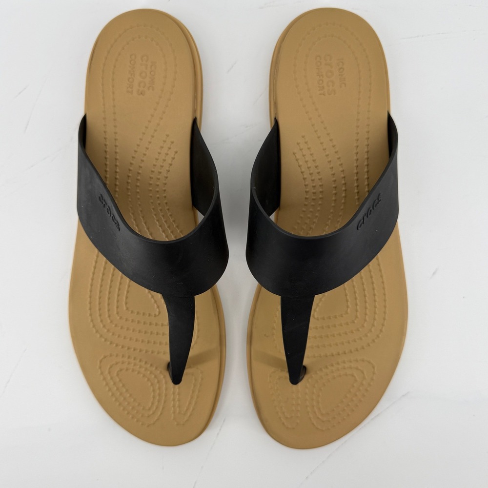 Crocs Tulum Flip Flop Sandal Tan Black Women 11 Slip On Casual Comfy Beach Vacay - Picture 3 of 7